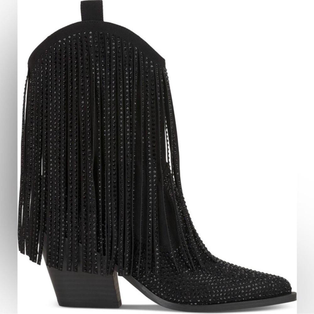 NWT Jessica Simpson Paredisa Fringe Cowboy Boots Black Rhinestone Booties Sz 6.5